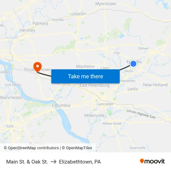 Main St. & Oak St. to Elizabethtown, PA map