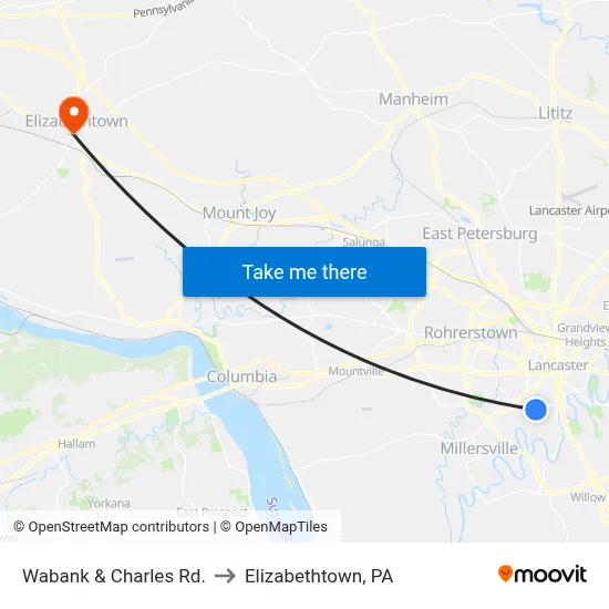 Wabank & Charles Rd. to Elizabethtown, PA map