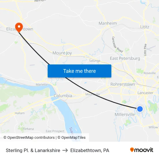 Sterling Pl. & Lanarkshire to Elizabethtown, PA map