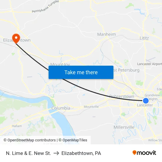 N. Lime & E. New St. to Elizabethtown, PA map