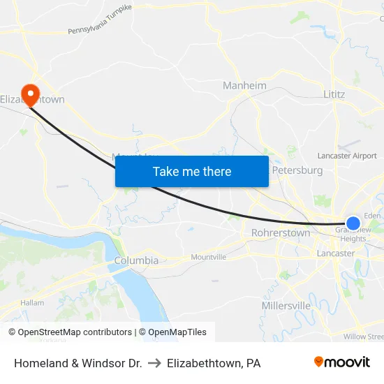 Homeland & Windsor Dr. to Elizabethtown, PA map