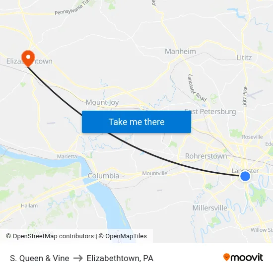 S. Queen & Vine to Elizabethtown, PA map