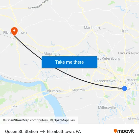 Queen St. Station to Elizabethtown, PA map