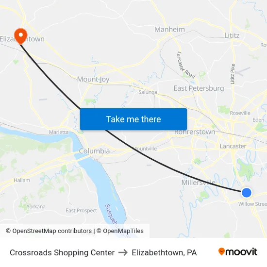 Crossroads Shopping Center to Elizabethtown, PA map