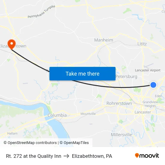 Rt. 272 at the Quality Inn to Elizabethtown, PA map