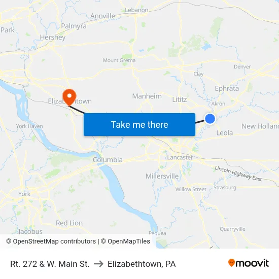 Rt. 272 & W. Main St. to Elizabethtown, PA map