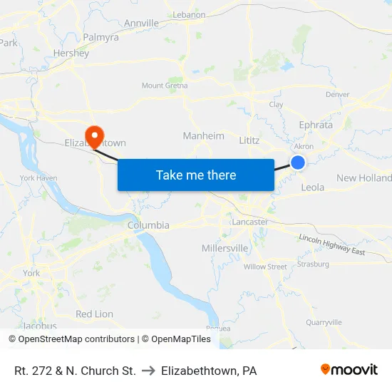 Rt. 272 & N. Church St. to Elizabethtown, PA map