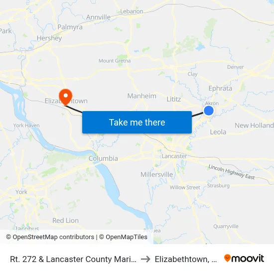 Rt. 272 & Lancaster County Marine to Elizabethtown, PA map