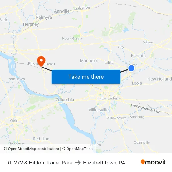 Rt. 272 & Hilltop Trailer Park to Elizabethtown, PA map