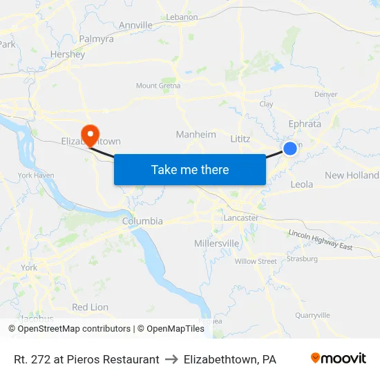 Rt. 272 at Pieros Restaurant to Elizabethtown, PA map