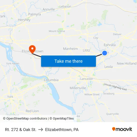 Rt. 272 & Oak St. to Elizabethtown, PA map