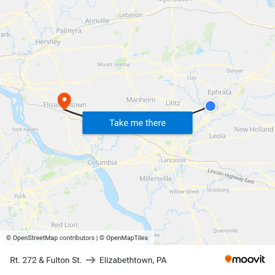 Rt. 272 & Fulton St. to Elizabethtown, PA map