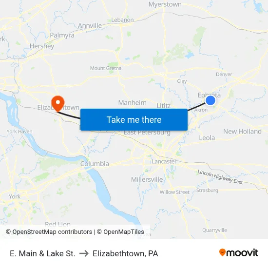 E. Main & Lake St. to Elizabethtown, PA map