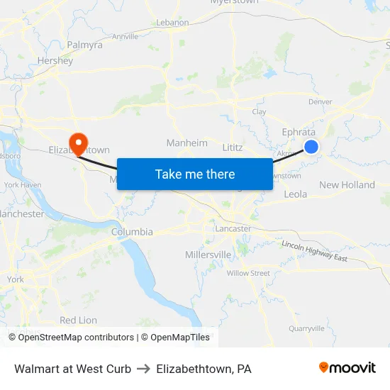 Walmart at West Curb to Elizabethtown, PA map