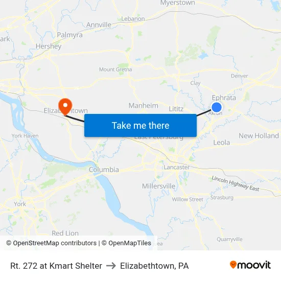 Rt. 272 at Kmart Shelter to Elizabethtown, PA map