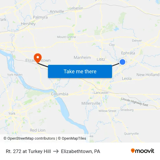 Rt. 272 at Turkey Hill to Elizabethtown, PA map