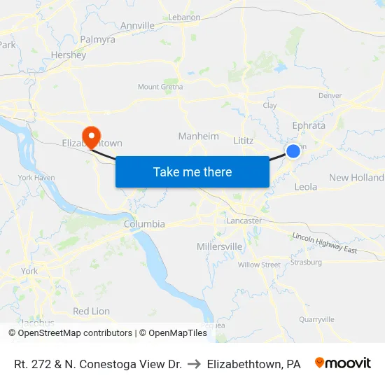 Rt. 272 & N. Conestoga View Dr. to Elizabethtown, PA map