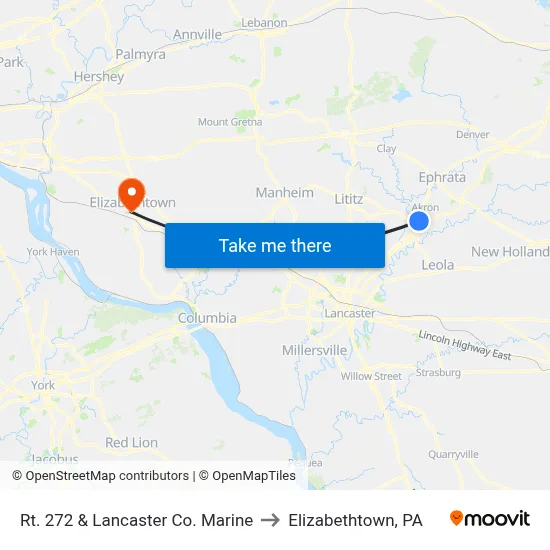 Rt. 272 & Lancaster Co. Marine to Elizabethtown, PA map