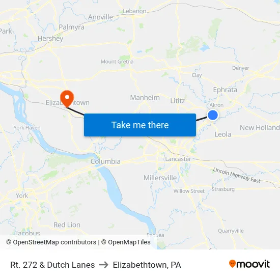 Rt. 272 & Dutch Lanes to Elizabethtown, PA map