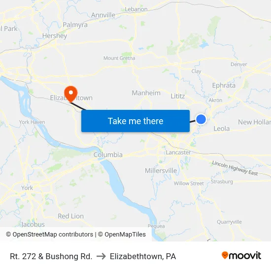Rt. 272 & Bushong Rd. to Elizabethtown, PA map