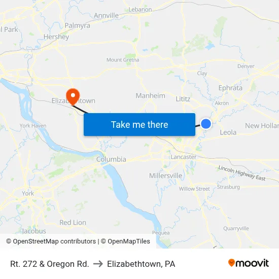 Rt. 272 & Oregon Rd. to Elizabethtown, PA map