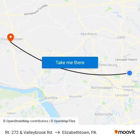 Rt. 272 & Valleybrook Rd. to Elizabethtown, PA map