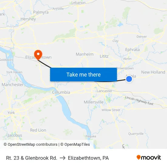 Rt. 23 & Glenbrook Rd. to Elizabethtown, PA map