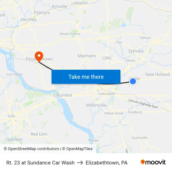 Rt. 23 at Sundance Car Wash to Elizabethtown, PA map