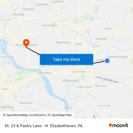 Rt. 23 & Pastry Lane to Elizabethtown, PA map
