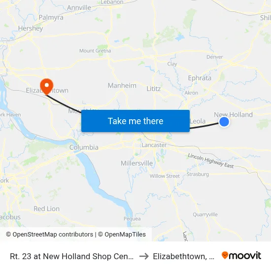 Rt. 23 at New Holland Shop Center to Elizabethtown, PA map