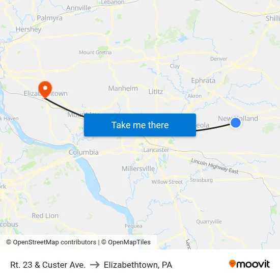Rt. 23 & Custer Ave. to Elizabethtown, PA map