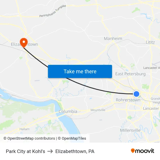 Park City at Kohl's to Elizabethtown, PA map