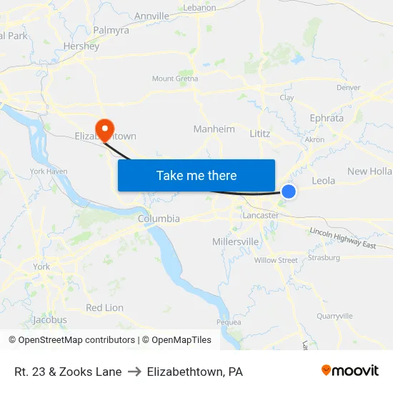 Rt. 23 & Zooks Lane to Elizabethtown, PA map