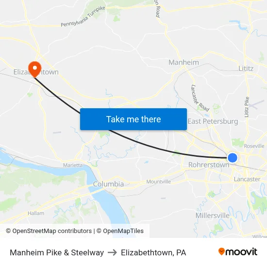 Manheim Pike & Steelway to Elizabethtown, PA map