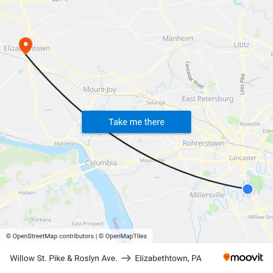 Willow St. Pike & Roslyn Ave. to Elizabethtown, PA map