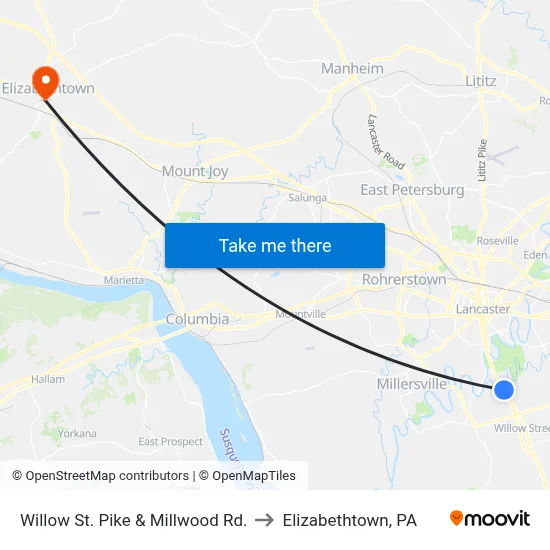 Willow St. Pike & Millwood Rd. to Elizabethtown, PA map