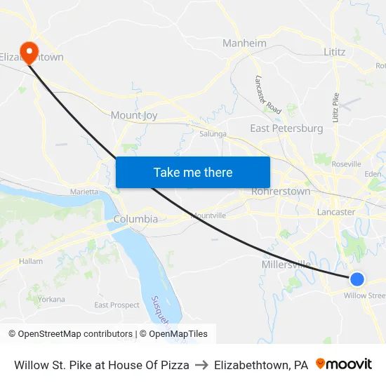 Willow St. Pike at House Of Pizza to Elizabethtown, PA map