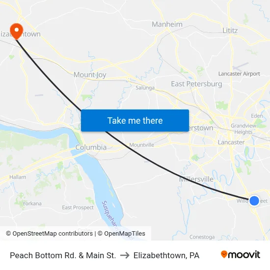 Peach Bottom Rd. & Main St. to Elizabethtown, PA map