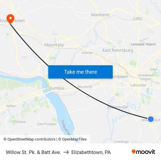 Willow St. Pk. & Batt Ave. to Elizabethtown, PA map