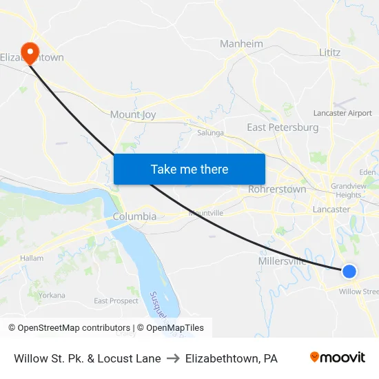 Willow St. Pk. & Locust Lane to Elizabethtown, PA map