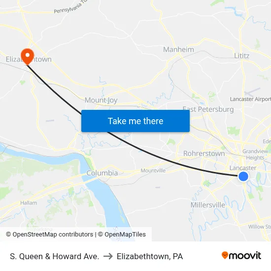 S. Queen & Howard Ave. to Elizabethtown, PA map