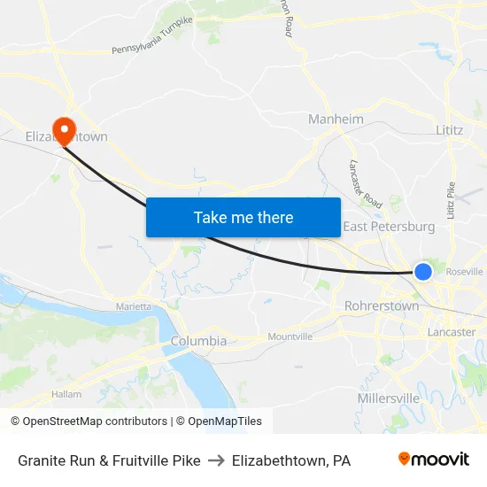 Granite Run & Fruitville Pike to Elizabethtown, PA map