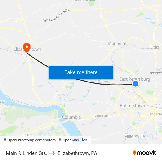 Main & Linden Sts. to Elizabethtown, PA map