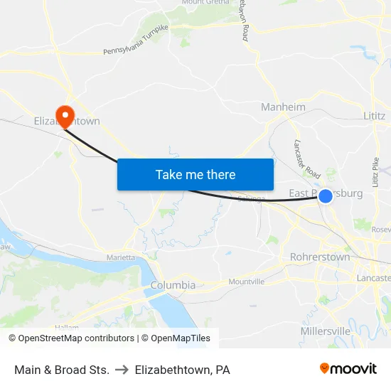 Main & Broad Sts. to Elizabethtown, PA map