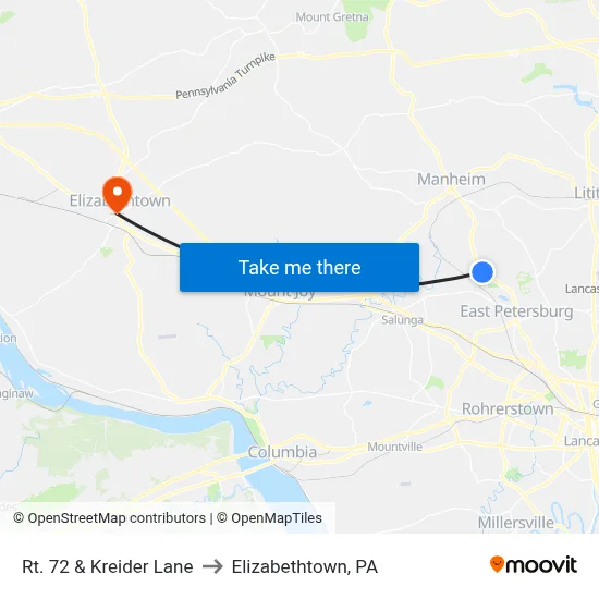 Rt. 72 & Kreider Lane to Elizabethtown, PA map