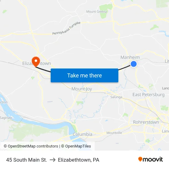 45 South Main St. to Elizabethtown, PA map