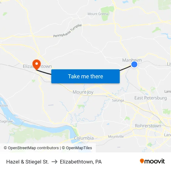 Hazel & Stiegel St. to Elizabethtown, PA map