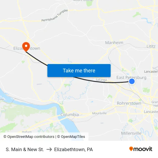 S. Main & New St. to Elizabethtown, PA map