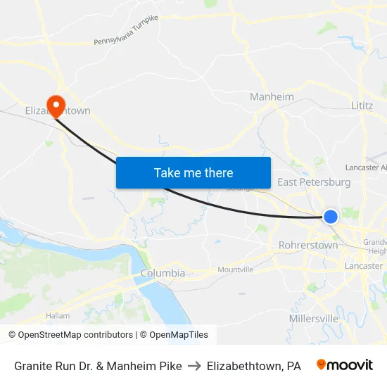 Granite Run Dr. & Manheim Pike to Elizabethtown, PA map