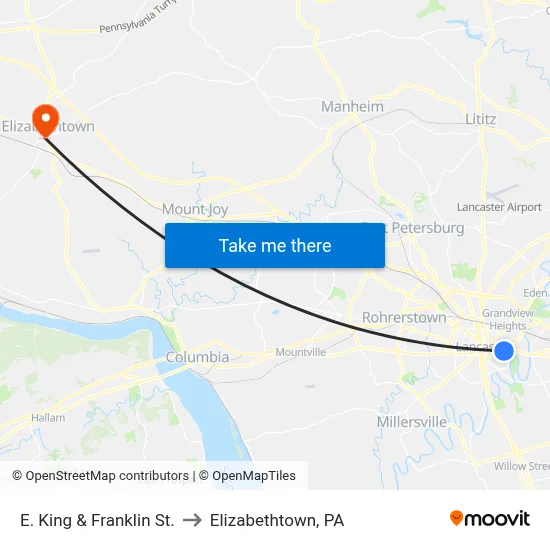 E. King & Franklin St. to Elizabethtown, PA map